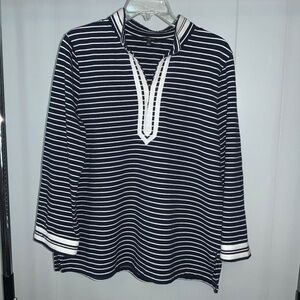 Talbots Navy White stripe tunic top Sz LP Cotton Stretch Knit Nautical cottage